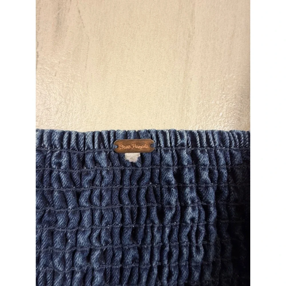 Free People Denim Ruffle Strap Crop Top Dark Wash Blue Smocked Back Small